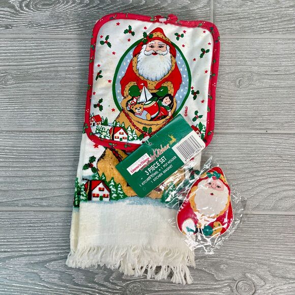 Vintage Linens N Things Santas Kitchen 3 Piece Christmas Towel Pot Holder Magnet - Picture 1 of 10